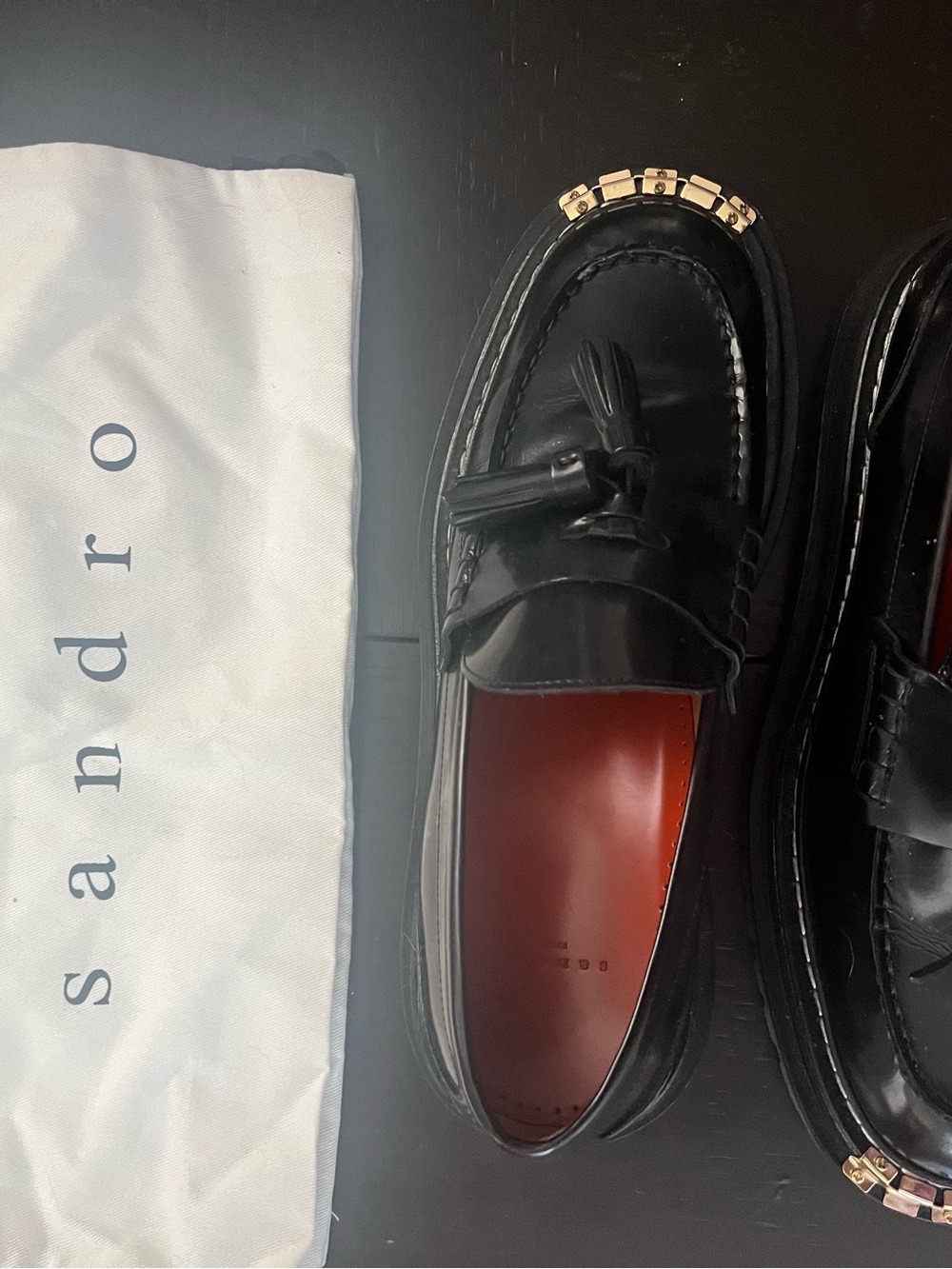 Sandro Black Leather Tassel Loafers with Gold Trim - Picture 2 of 3